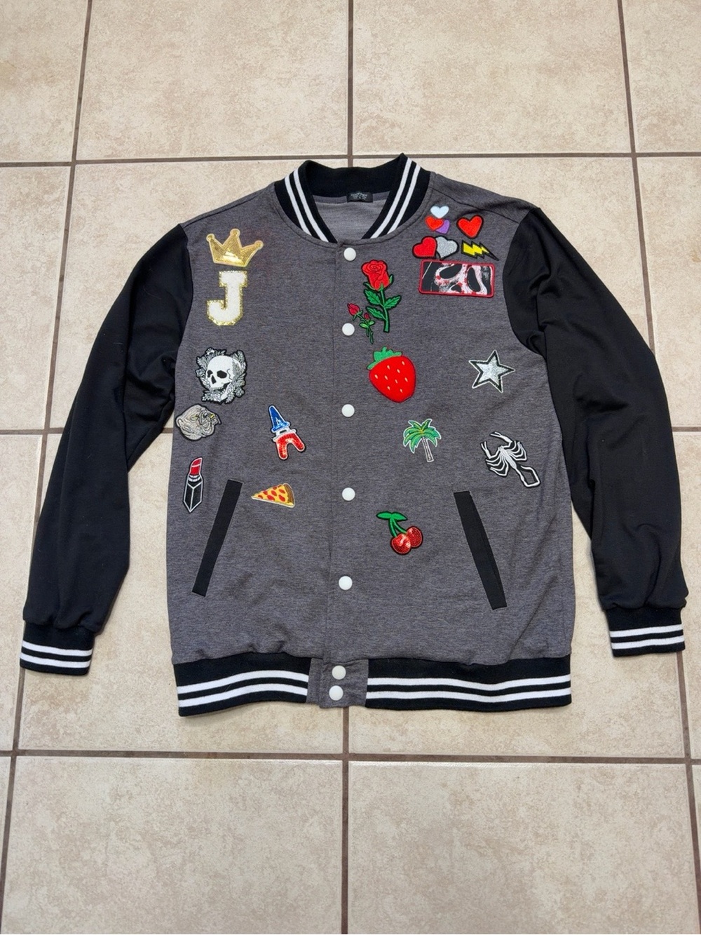 COOFANDY Patch Varsity Jacket Large Gray Black Streetwear Bomber
